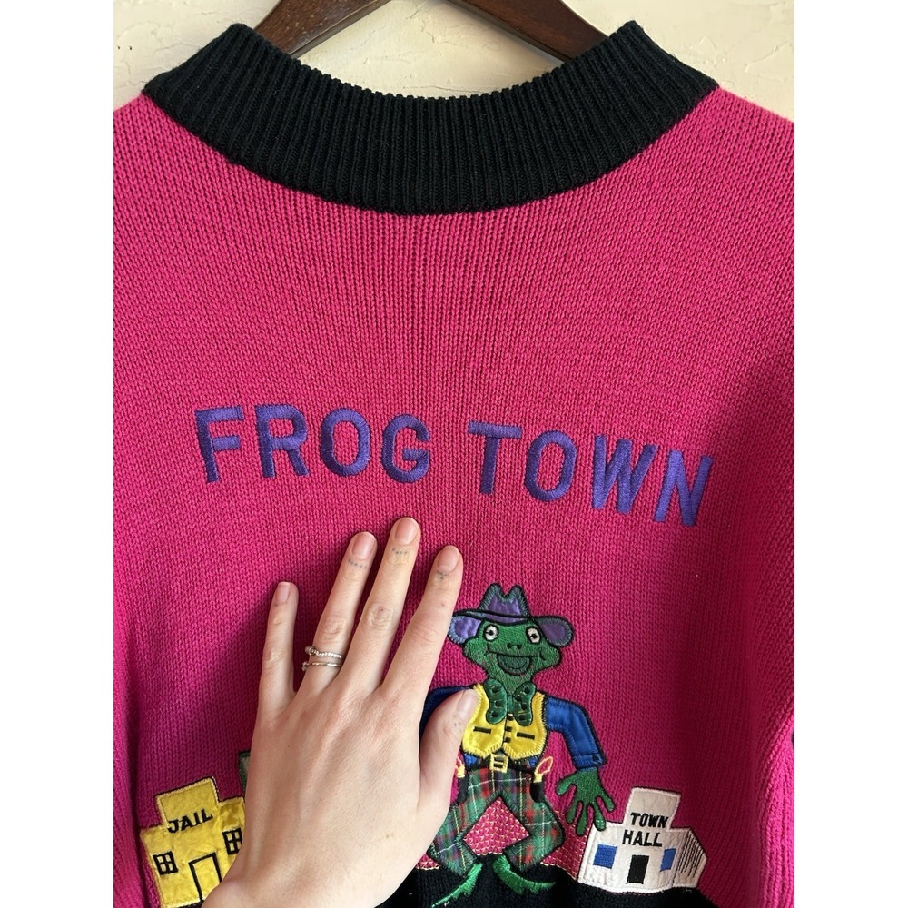 Rare Vintage Fashion Force Frog Town Novelty Sweater S Kitsch Western Appliqué - Picture 4 of 9